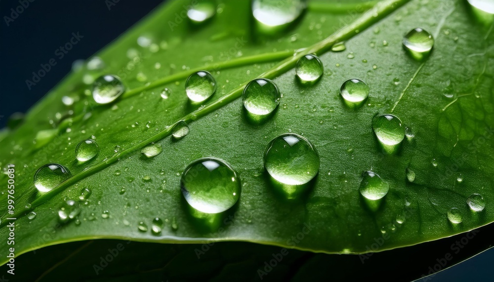 A close-up of a fresh green leaf adorned with glistening water droplets, capturing the beauty of nature after a rain shower A close-up of a fresh green leaf adorned with glistening water droplets, capturing the beauty of nature after a rain shower
