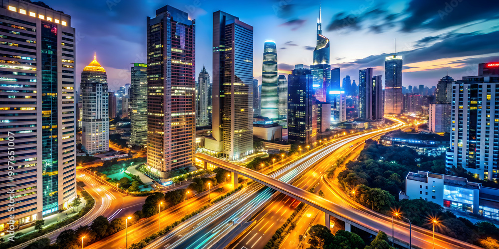 Vibrant cityscape with skyscrapers and traffic at night in a bustling metropolis, city, urban, skyline, lights Vibrant cityscape with skyscrapers and traffic at night in a bustling metropolis, city, urban, skyline, lights