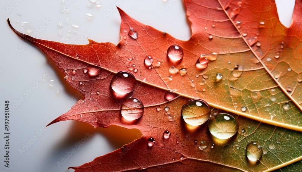 Fototapeta premium A close-up of a fresh maple leaf adorned with glistening water droplets, capturing the beauty of nature after a rain shower