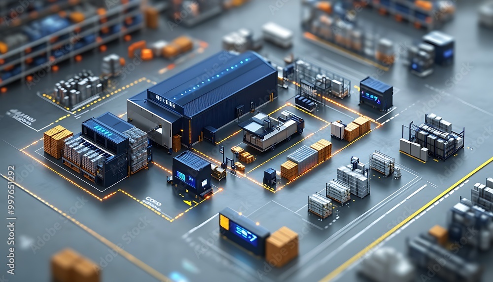 an isometric illustration of a smart warehouse management system emphasizing inventory control. with IoT device design an isometric illustration of a smart warehouse management system emphasizing inventory control. with IoT device design