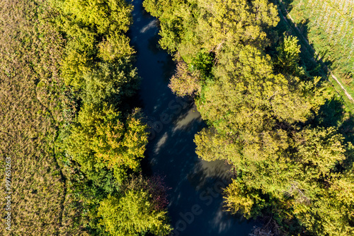 Aerial view of a river bed with overgrown banks