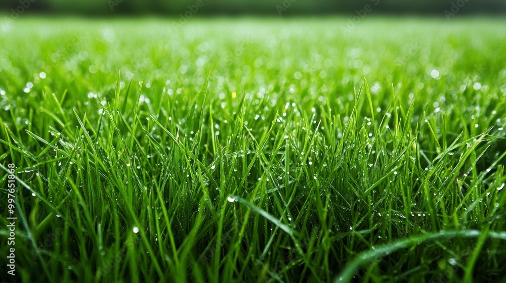 Fototapeta premium Close-up view of fresh green grass with morning dew drops
