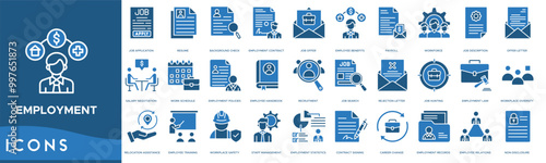 Employment icon. Job Application, Resume, Background Check, Employment Contract, Job Offer and Employee Benefits