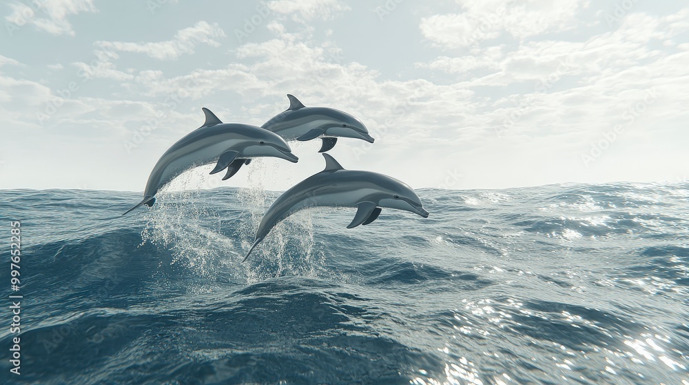 Fototapeta premium Three dolphins gracefully leaping out of the ocean on a sunny day