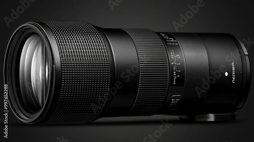 Sleek black camera lens with textured grip and detailed markings