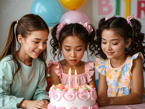 Birthday Party for a girl, surprised face with missing candles on birthday cake. Girly pink, group of girls and beautifully decorated birthday cake. Balloons and party atmosphere. Precious moments. 