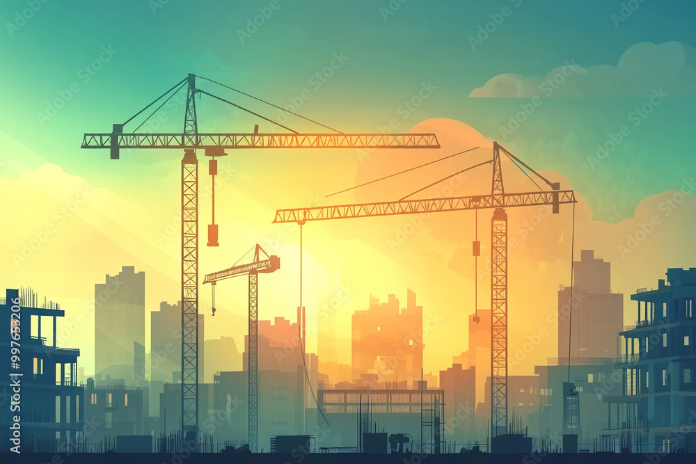 Hoisting crane, Construction at building site with crane. Hoisting crane, Construction at building site with crane.
