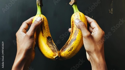 Two ripe bananas are held up against a dark background photo