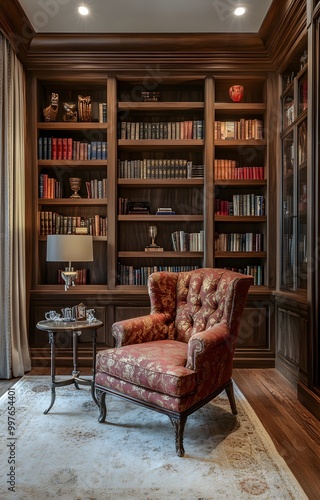 24. A charming home library with built-in shelves and a reading chair