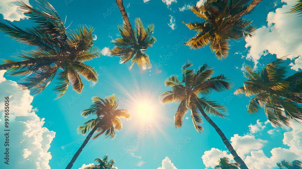 Low angle view, palm trees against the blue sky as a backdrop. Low angle view, palm trees against the blue sky as a backdrop.