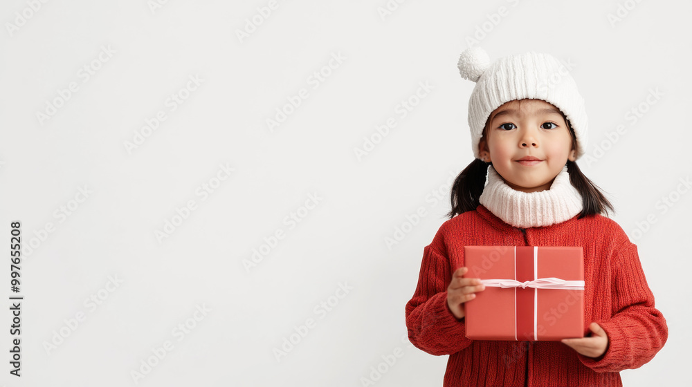 A little girl holding christmas gift box with copy space for text A little girl holding christmas gift box with copy space for text