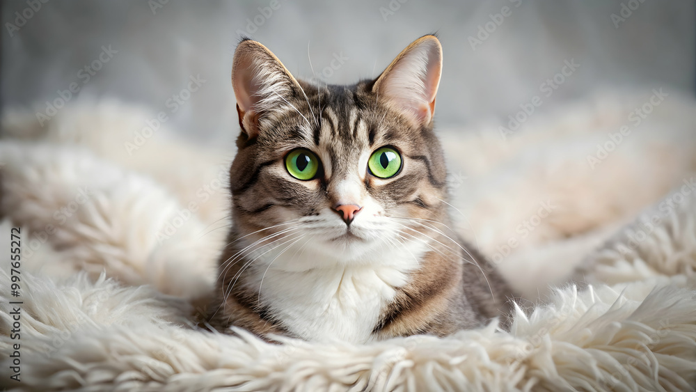 Adorable grey and white tabby cat with big green eyes lying on a fluffy blanket , cute, kitten, feline, pet, animal, domestic Adorable grey and white tabby cat with big green eyes lying on a fluffy blanket , cute, kitten, feline, pet, animal, domestic