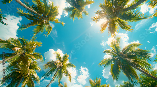 Low angle view, palm trees against the blue sky as a backdrop. photo