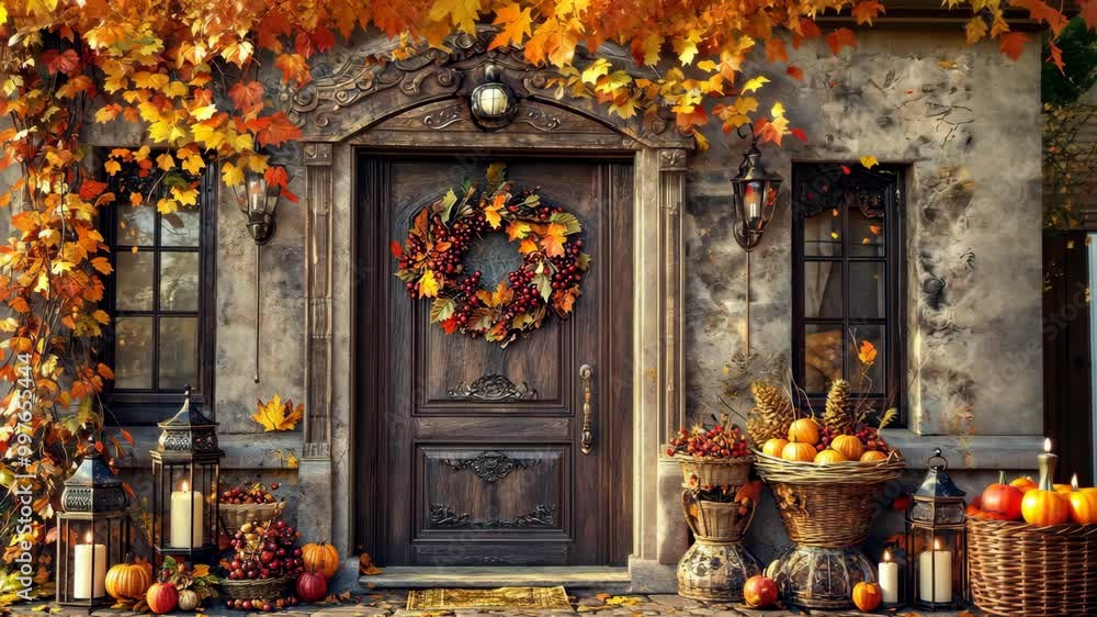A rustic doorway decorated with a fall wreath and pumpkins welcomes guests in the autumn season A rustic doorway decorated with a fall wreath and pumpkins welcomes guests in the autumn season