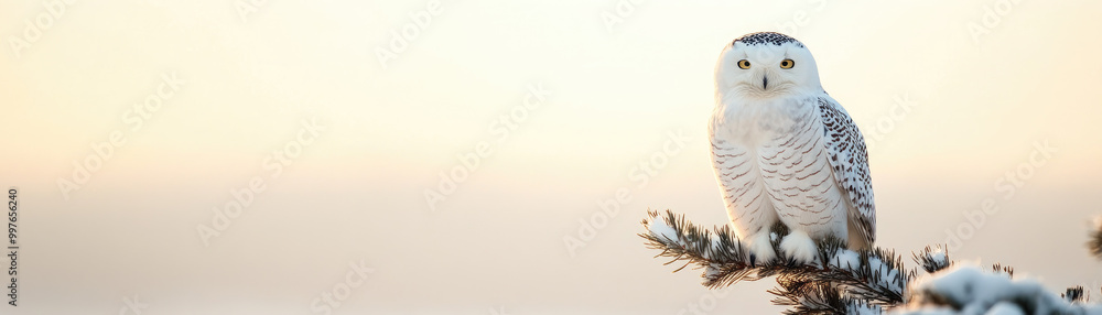 Snowy owl resting on lush evergreen branch, showcasing its striking white feathers against a backdrop of deep green foliage. Snowy owl resting on lush evergreen branch, showcasing its striking white feathers against a backdrop of deep green foliage.
