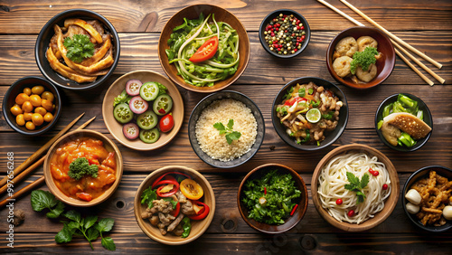 Bowls of assorted Asian cuisine on a wooden table, Asian food, bowls, noodles, rice, dumplings, chopsticks, Asian culture