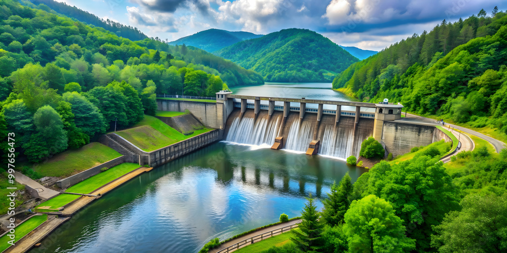 Fototapeta premium Hydroelectric dam surrounded by lush greenery in a peaceful setting, hydroelectric, dam, greenery, trees