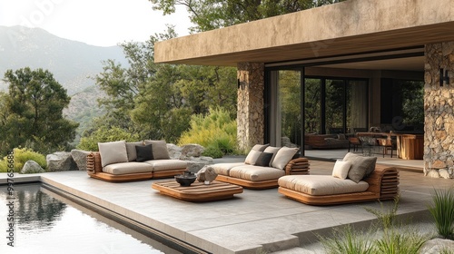 Modern outdoor lounge area with comfortable seating and pool.