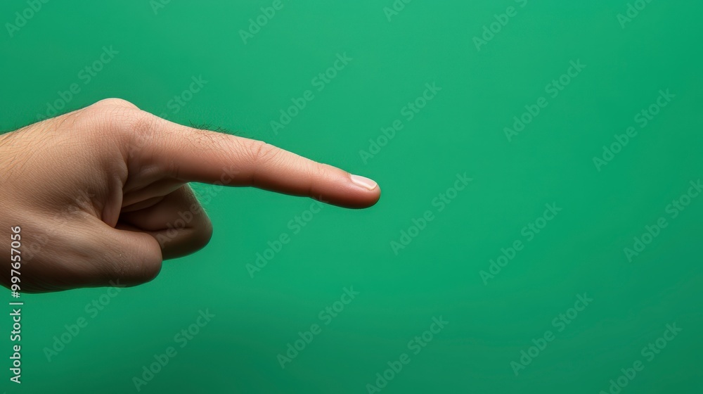 Hand pointing against a green background with ample negative space Hand pointing against a green background with ample negative space