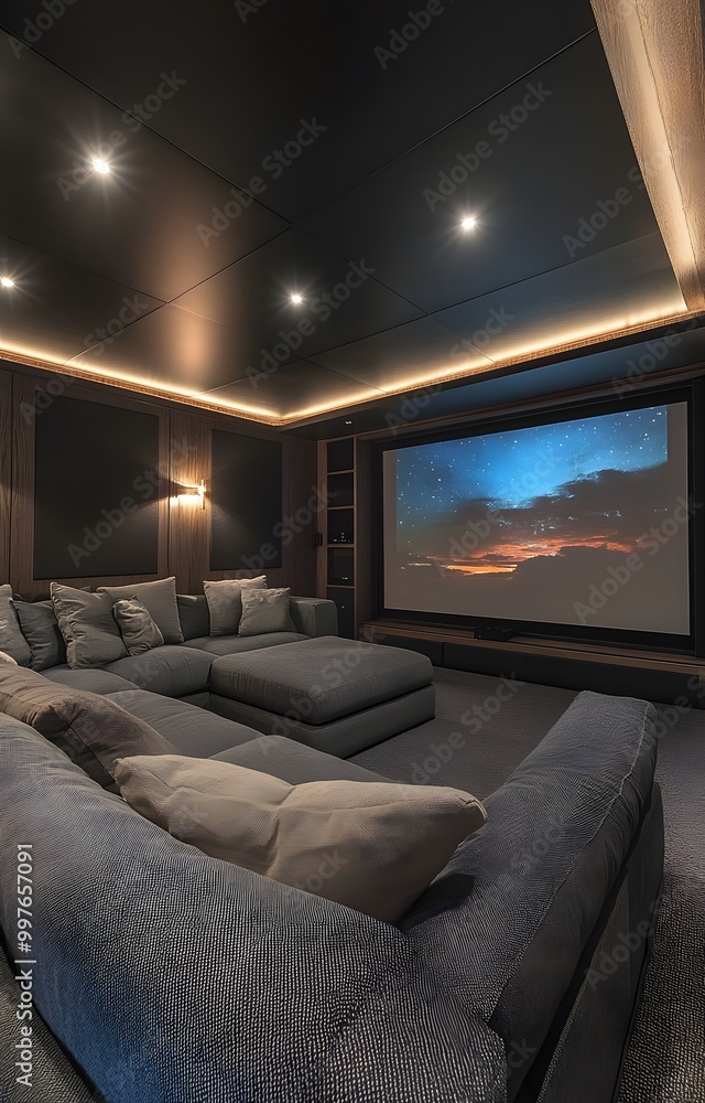 14. A modern home theater with a sectional sofa and a projector screen 14. A modern home theater with a sectional sofa and a projector screen