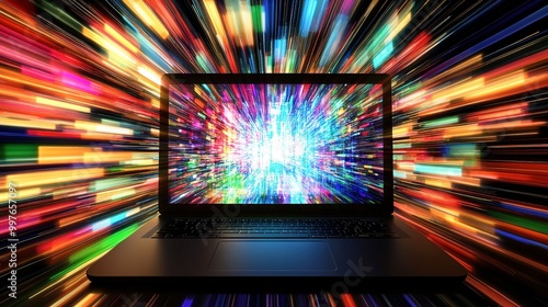 Abstract representation of the World Wide Web with dynamic light effects surrounding a computer. This futuristic digital concept showcases interconnected web technology, 