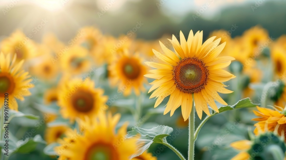 Obraz premium Vibrant sunflower in a field, bathed in warm sunlight, against a soft blurred background.