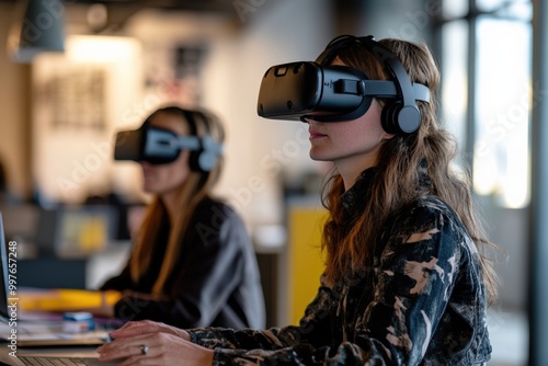 Tech women using VR gear in the workplace