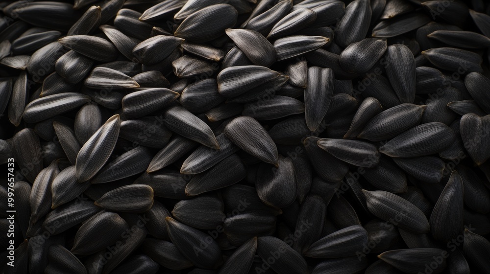 Close-up of black sunflower seeds in dark and dramatic lighting Close-up of black sunflower seeds in dark and dramatic lighting