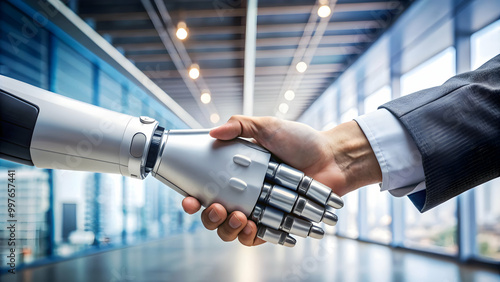 Business handshake between human and robot hands for technology , partnership