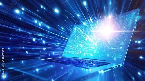 Abstract representation of the World Wide Web with dynamic light effects surrounding a computer. This futuristic digital concept showcases interconnected web technology, 