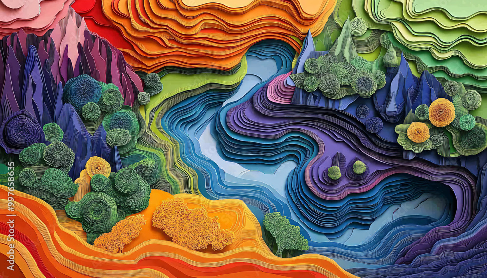 Layers of paper-cut designs forming a 3D effect, creating shapes like landscapes, animals, or abstract patterns in a vibrant color palette Layers of paper-cut designs forming a 3D effect, creating shapes like landscapes, animals, or abstract patterns in a vibrant color palette