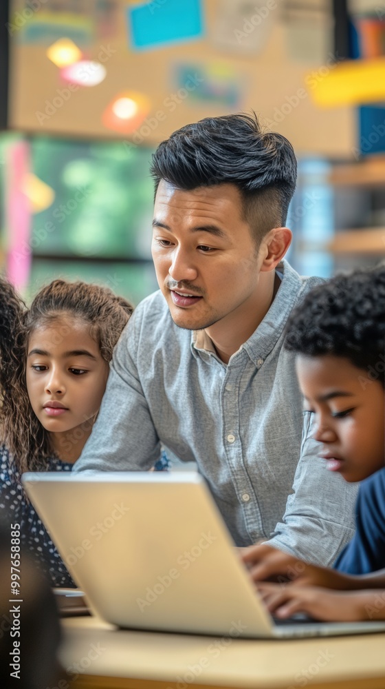 Young asian male teacher and diverse students gather around a laptop in the classroom Young asian male teacher and diverse students gather around a laptop in the classroom