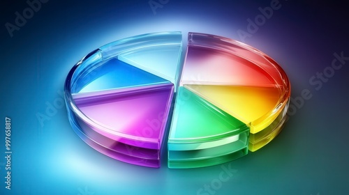 Multicolored transparent glass pie chart with glowing sections on gradient background