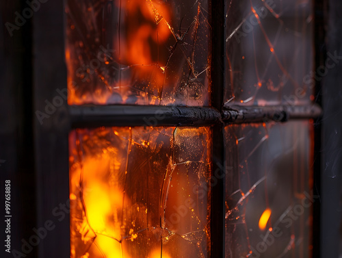 close up of cracked window with flames raging behind it, creating dramatic and intense atmosphere. fiery glow illuminates shattered glass, evoking sense of danger and urgency