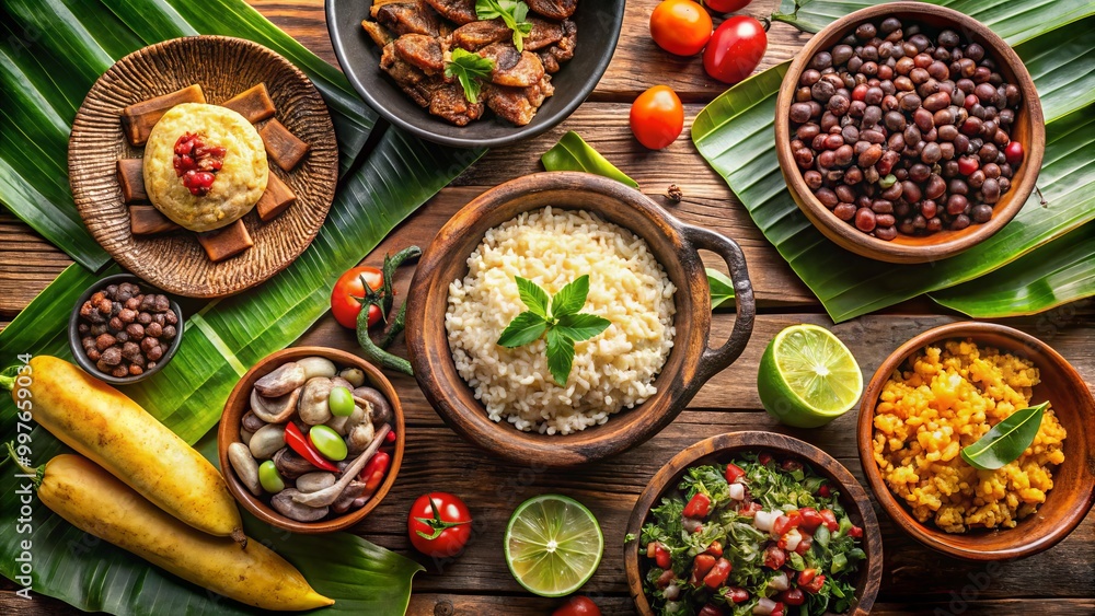 Experience the essence of Nicaragua through Gallo Pinto, Nacatamales, and Quesillo, artfully displayed on a rustic Experience the essence of Nicaragua through Gallo Pinto, Nacatamales, and Quesillo, artfully displayed on a rustic