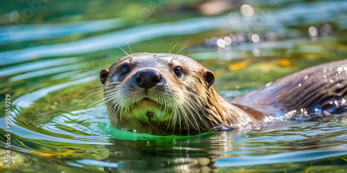 Playful river otter swimming in clear water with glossy fur, otter, water, playful, animal, mammal, wildlife, nature, aquatic, swim