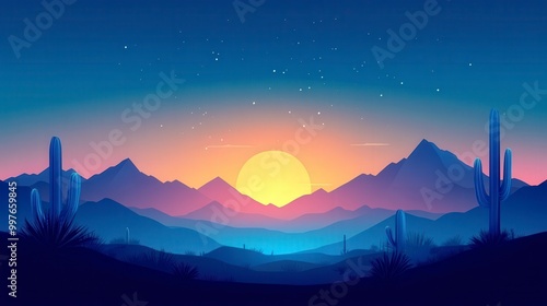 Serene desert landscape with sunset and mountains in the background