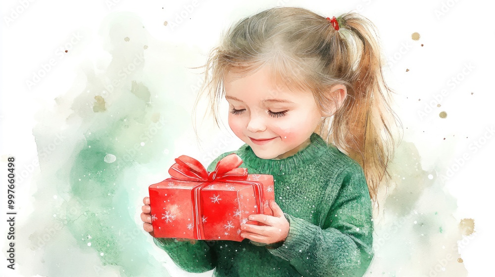 Green watercolor painting of a little girl holding christmast gift box Green watercolor painting of a little girl holding christmast gift box