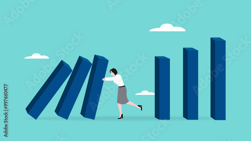 prevent economic recession, stop loss to avoid market crash or banking collapse, saving jobs or preventing economic collapse, businesswoman stop domino effect or financial chain reaction collapse