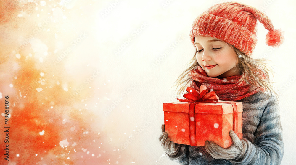 Red watercolor painting of a little girl holding christmast gift box Red watercolor painting of a little girl holding christmast gift box