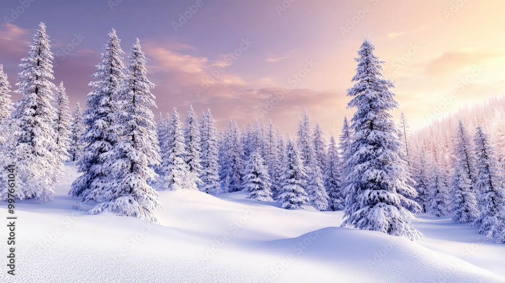 Snowy forest with tall pine trees at sunrise in winter landscape Snowy forest with tall pine trees at sunrise in winter landscape