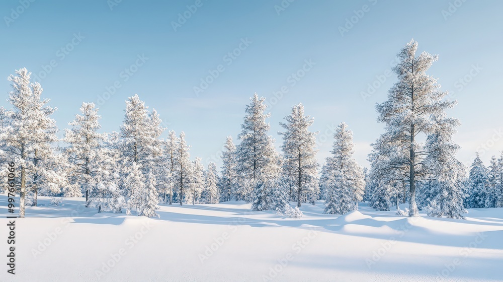 Snow-covered forest landscape under a clear blue sky in winter Snow-covered forest landscape under a clear blue sky in winter