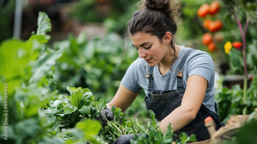 Woman in a Garden Picking Green Vegetables Woman in a Garden Picking Green Vegetables