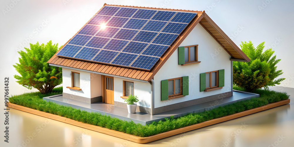 Fototapeta premium Model house with Solar Panel on the roof, showcasing renewable energy concept