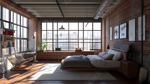 49. A modern loft bedroom with an open layout, stylish furniture, and large windows