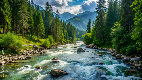 Mountain river flowing through dense forest , nature, landscape, water, stream, rocks, trees, foliage, serene