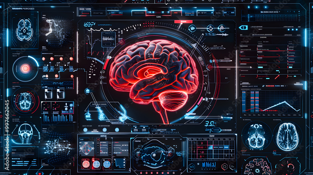 Brain testing result on digital interface on laboratory or surgery background, innovative technology in science and medicine concept. medical technology Brain testing result on digital interface on laboratory or surgery background, innovative technology in science and medicine concept. medical technology