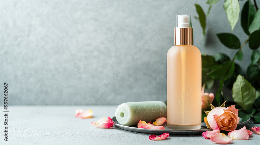 Discover a high-resolution product shot featuring a hydrating mist, fresh rose petals, and a jade roller on a sleek metal tray. Perfect for wellness and beauty content. Discover a high-resolution product shot featuring a hydrating mist, fresh rose petals, and a jade roller on a sleek metal tray. Perfect for wellness and beauty content.