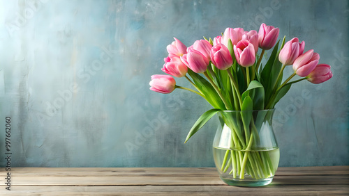 Wallpaper Mural Pink tulips arranged beautifully in a glass vase on a table , flowers, pink, tulips, bloom, vase, floral, arrangement, decorative Torontodigital.ca