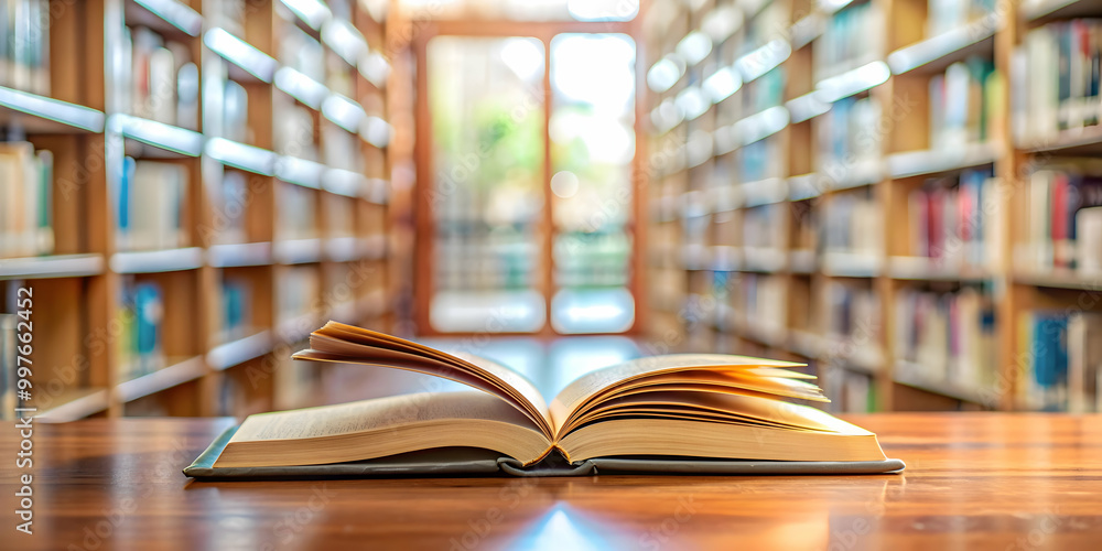 Closeup view of a book resting on a table in a library, education, literature, reading, library, knowledge, information Closeup view of a book resting on a table in a library, education, literature, reading, library, knowledge, information